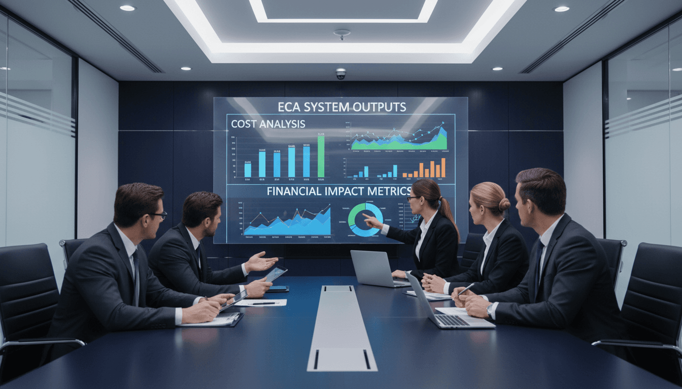 Executive team reviewing ECA financial analysis in boardroom meeting