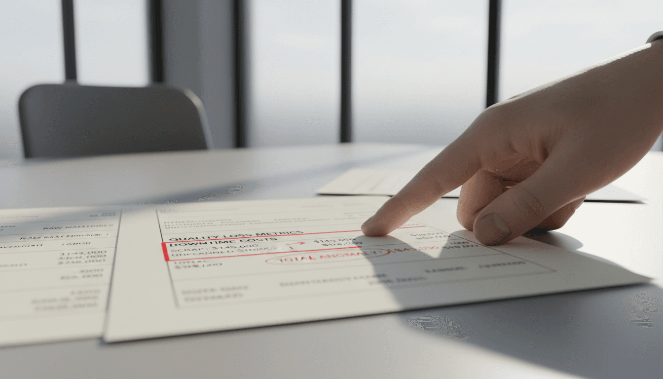 Executive reviewing production cost analysis document highlighting operational inefficiencies