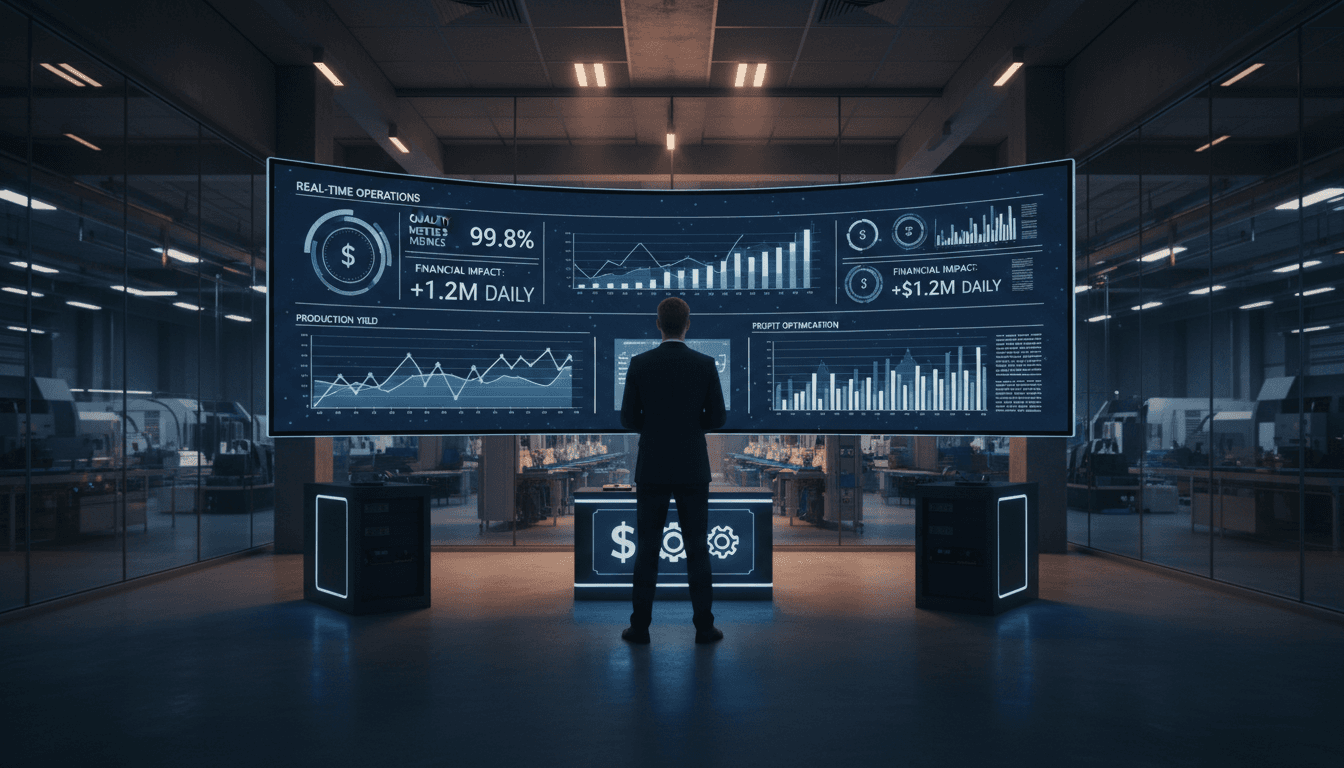 Manufacturing operations manager analyzing real-time data on control center dashboard