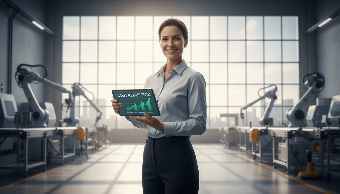 Manufacturing manager reviewing positive profitability improvement metrics on tablet