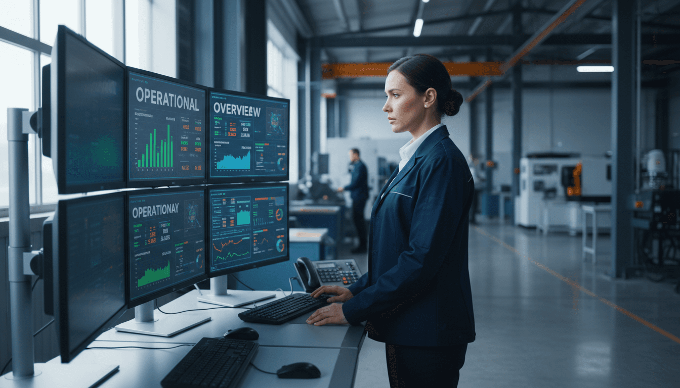 Manufacturing supervisor analyzing production data on control console