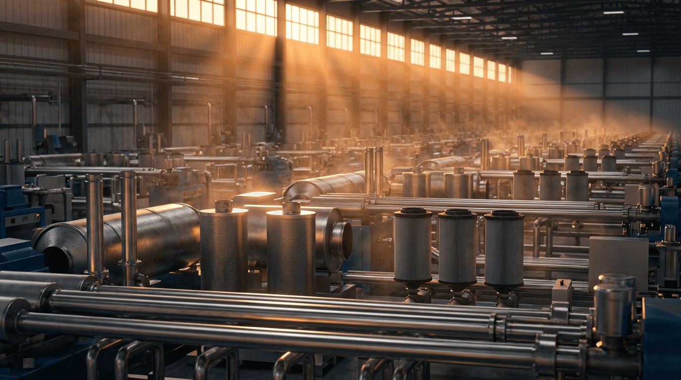 Manufacturing facility with production lines and analytics dashboards
