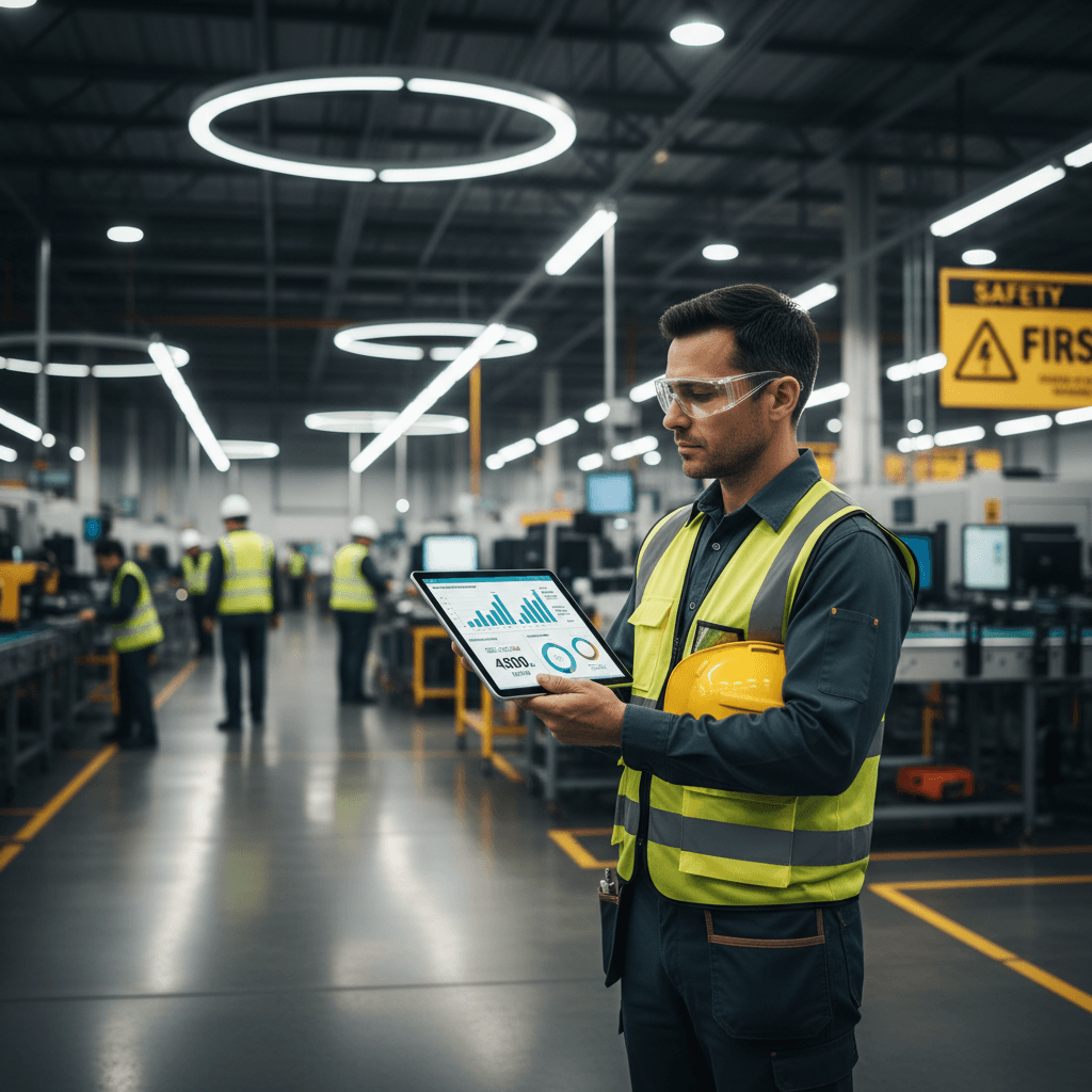 Manufacturing executives analyzing operational data on a tablet in a modern production facility