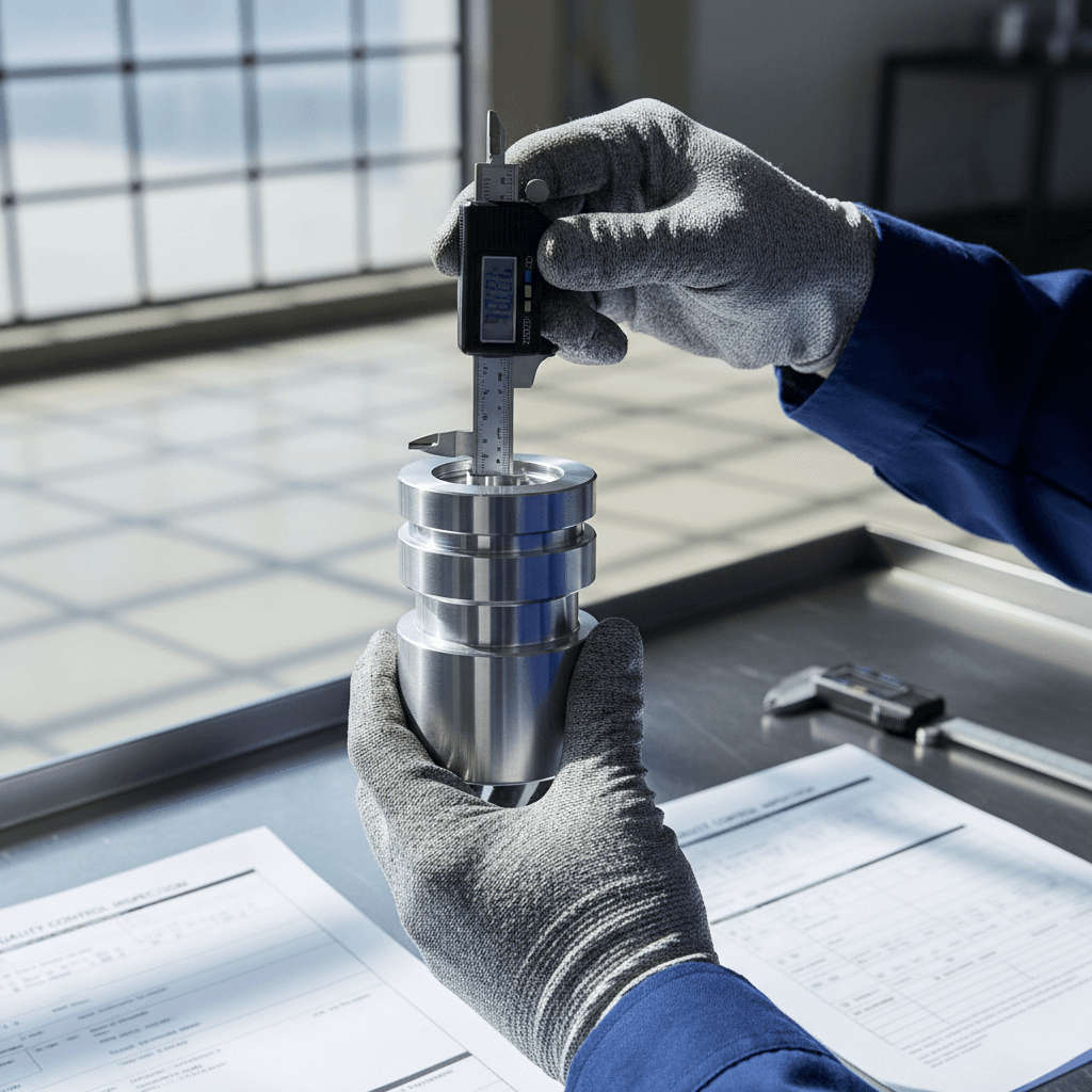 Quality inspector examining manufactured parts at workstation